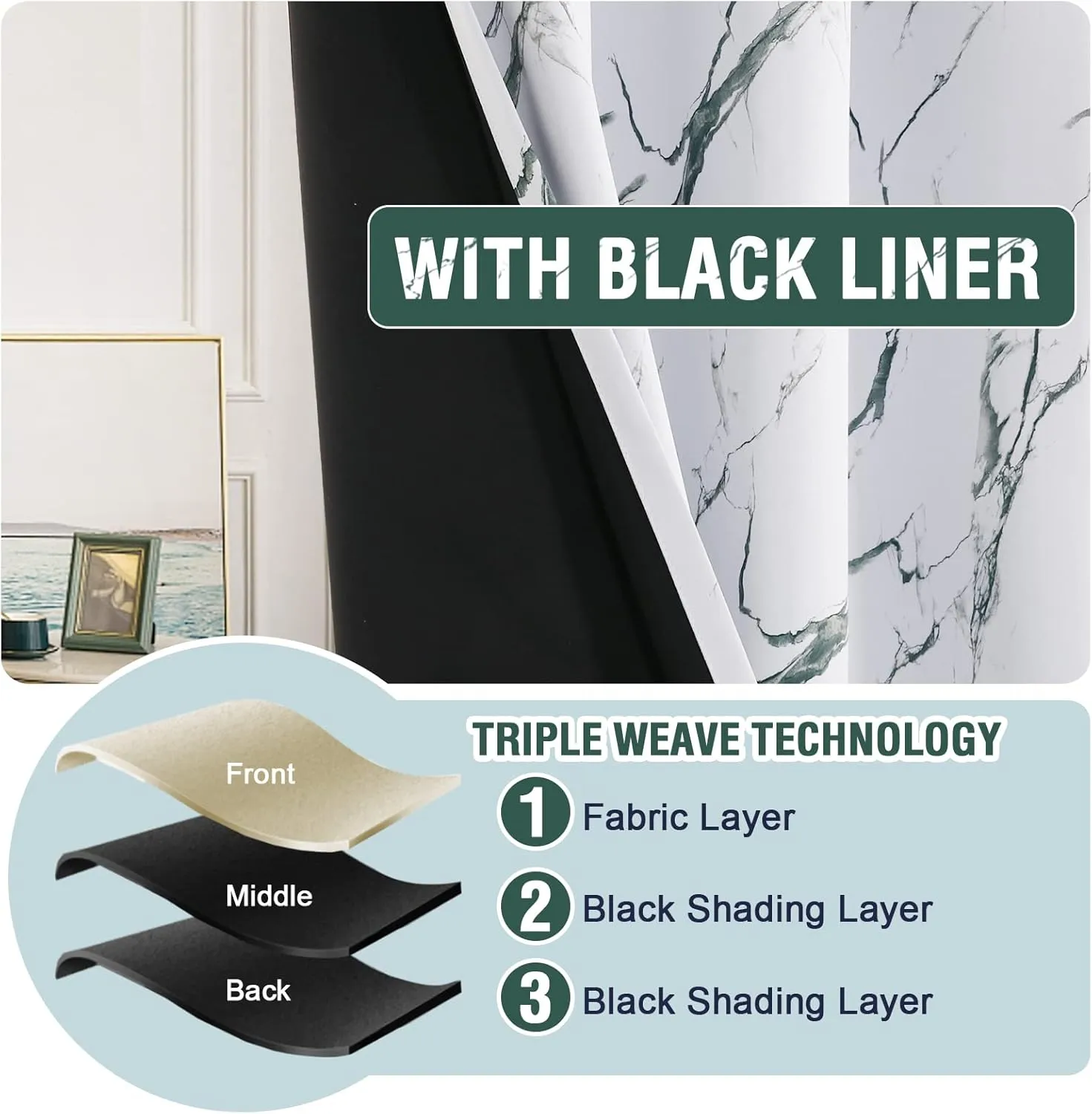 H.VERSAILTEX 100% Blackout Curtains 63 inch Length 2 Panels Set Marble Designs Printed Drapes Thermal Curtains for Bedroom with Black Liner Sound Proof Curtains, Antique Green