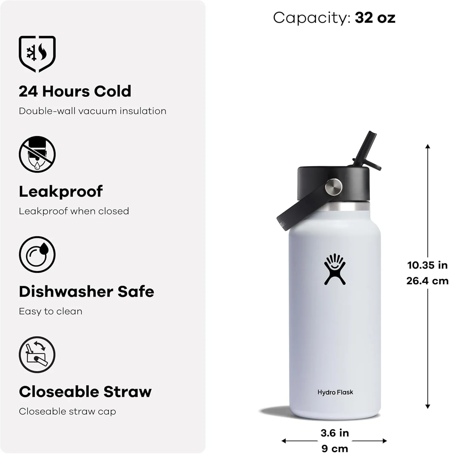 Hydro Flask Water Bottle - Insulated Stainless Steel - Wide Straw Lid, Non Spill, Leakproof in 32 Oz Ivory