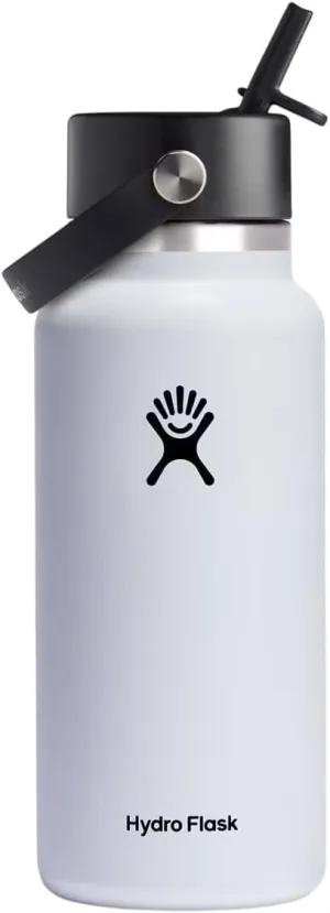 Hydro Flask Water Bottle - Insulated Stainless Steel - Wide Straw Lid, Non Spill, Leakproof in 32 Oz White