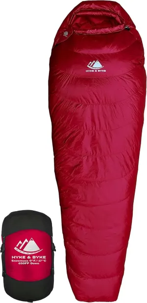 Hyke & Byke Snowmass 0°F Cold Weather Mummy Hiking & Backpacking Sleeping Bag - Duck Down 650 FP 4 Season Sleeping Bags for Adults - Ultralight with Compression Stuff Sack