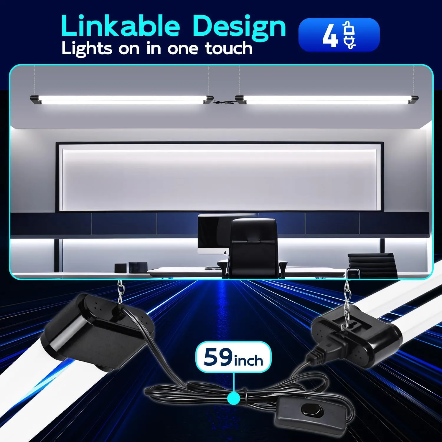 hykolity 4 Pack Linkable LED Shop Light, 4FT 44W [300W Equivalent], 4600lm, 5000K Daylight, Plug-in Utility Light Fixture, Hanging or Surface Mount, Black - Energy Efficient Lighting Solution