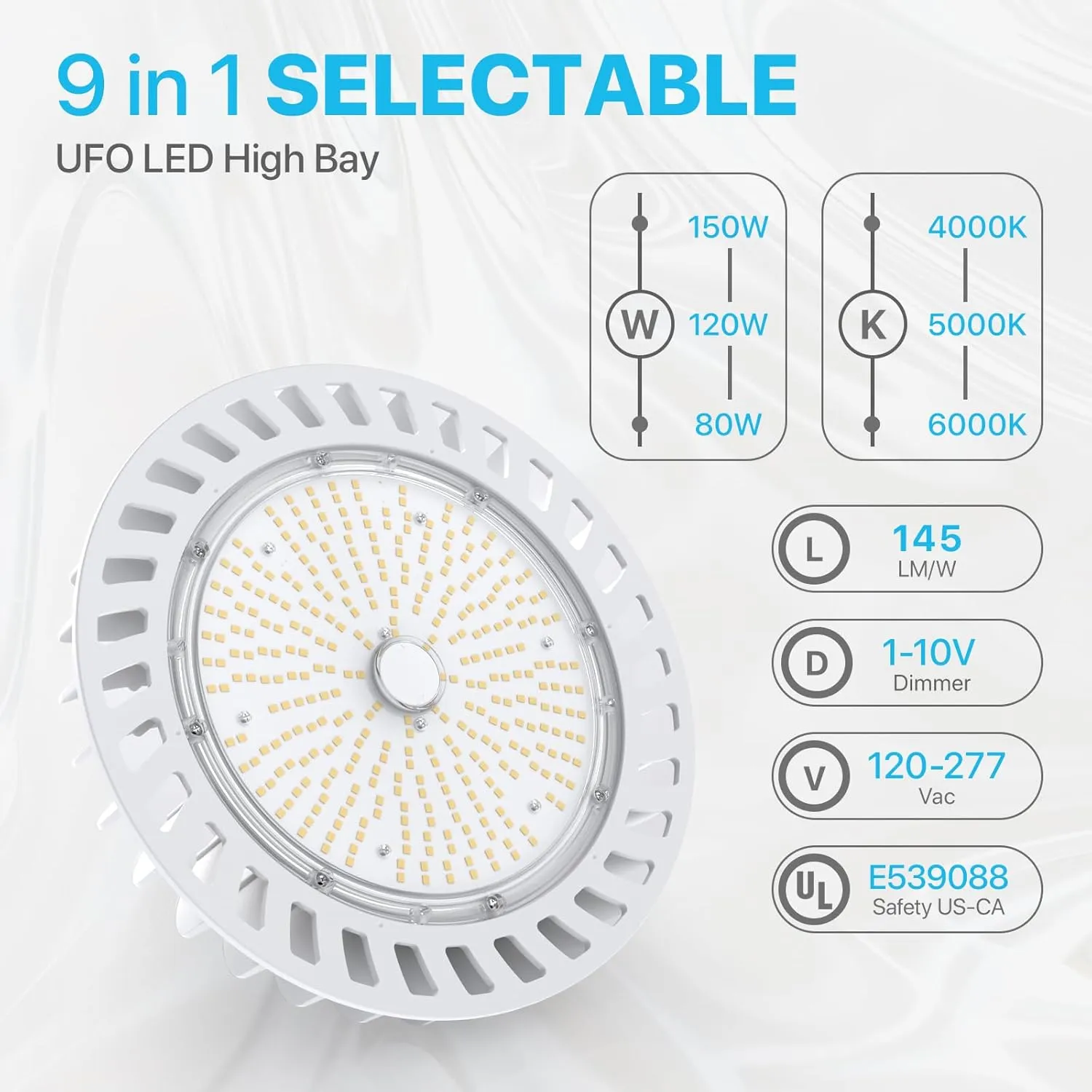 HYPERLITE High Bay Led Lights 150W 21,000LM (140lm/w) 4000K CRI>80 1-10V Dimmable 5' Cable with 110V Plug Hanging Hook Safe Rope UL Listed Led High Bay Lighting for Factory Warehouse Gym