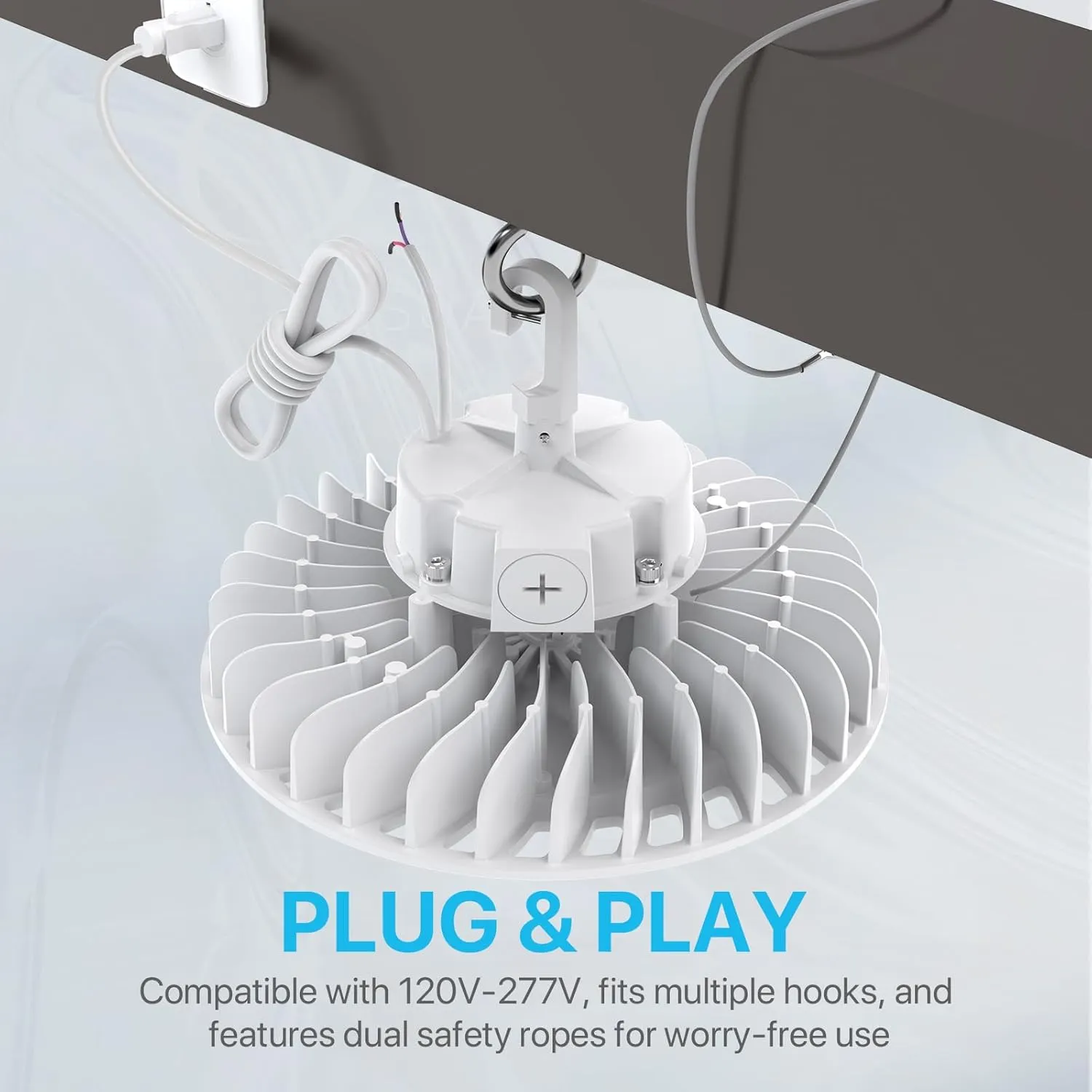 HYPERLITE High Bay Led Lights 150W 21,000LM (140lm/w) 4000K CRI>80 1-10V Dimmable 5' Cable with 110V Plug Hanging Hook Safe Rope UL Listed Led High Bay Lighting for Factory Warehouse Gym