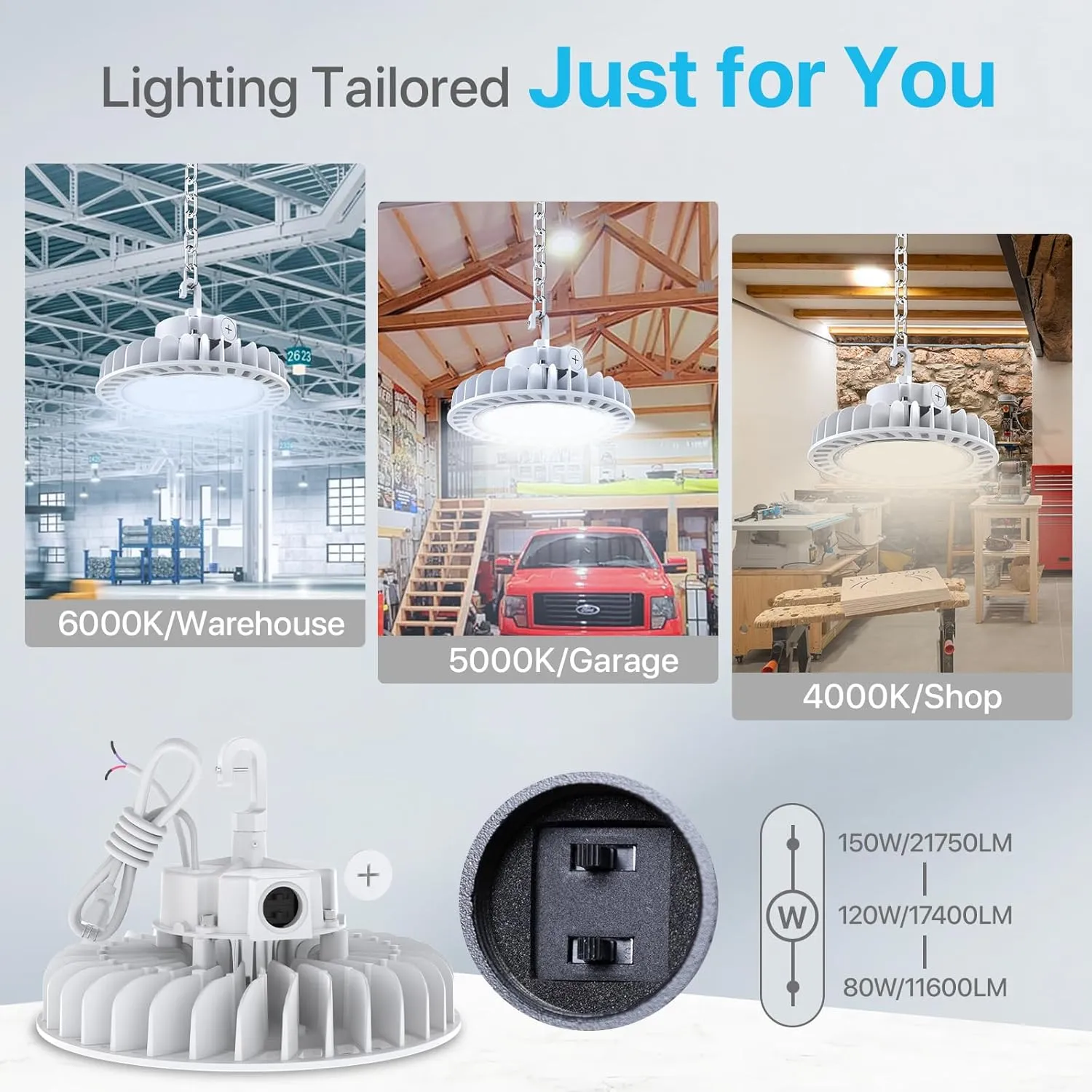 HYPERLITE High Bay Led Lights 150W 21,000LM (140lm/w) 4000K CRI>80 1-10V Dimmable 5' Cable with 110V Plug Hanging Hook Safe Rope UL Listed Led High Bay Lighting for Factory Warehouse Gym