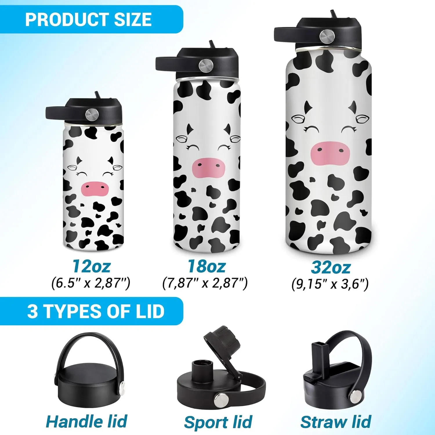 Hyturtle Personalized Cow Water Bottle - Insulated Stainless Steel Bottle with Leak-Proof Lid 18oz 32oz - Cow Print Gift for Women, Girls, Cow Lover Animal Lovers - Birthday & Christmas Gift