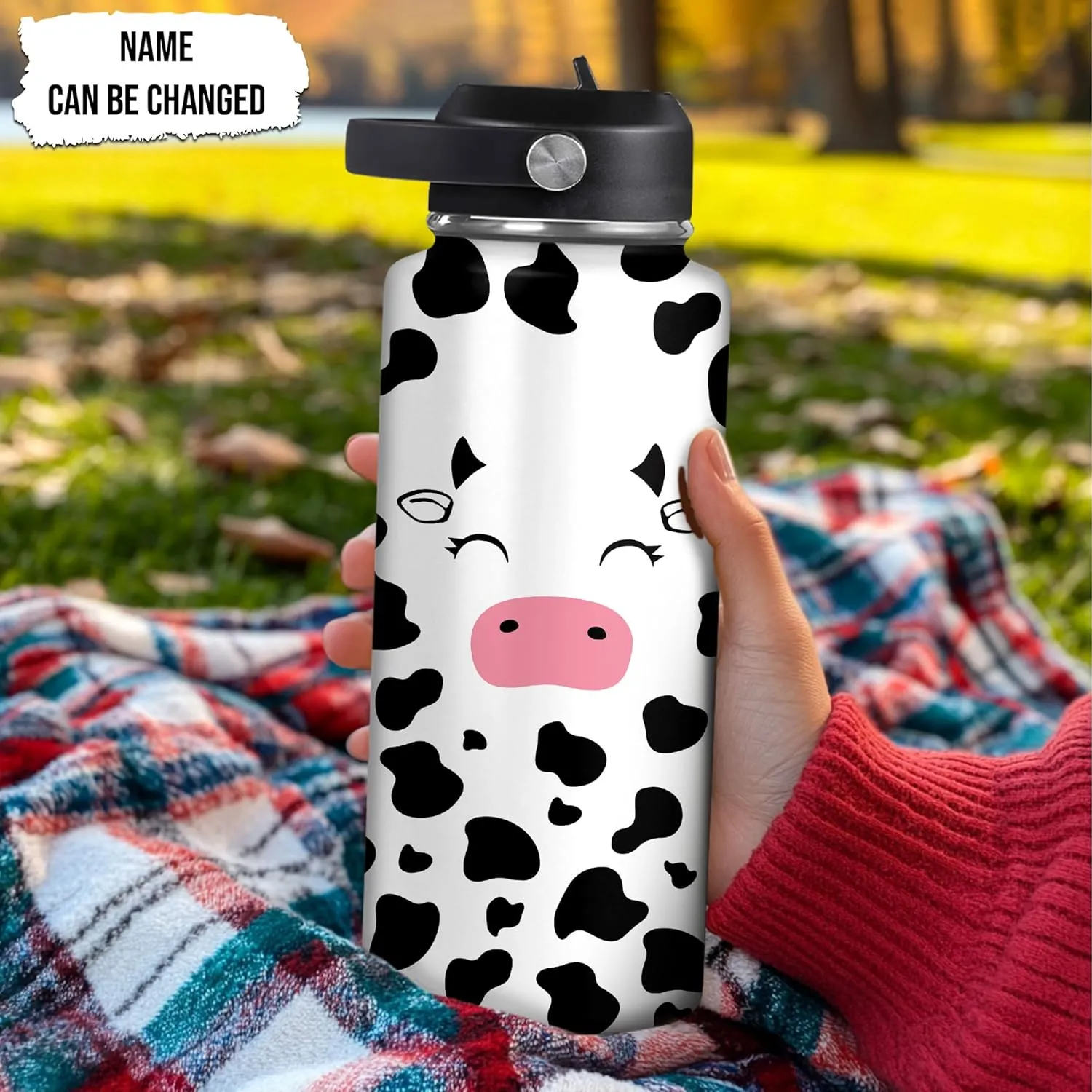 Hyturtle Personalized Cow Water Bottle - Insulated Stainless Steel Bottle with Leak-Proof Lid 18oz 32oz - Cow Print Gift for Women, Girls, Cow Lover Animal Lovers - Birthday & Christmas Gift