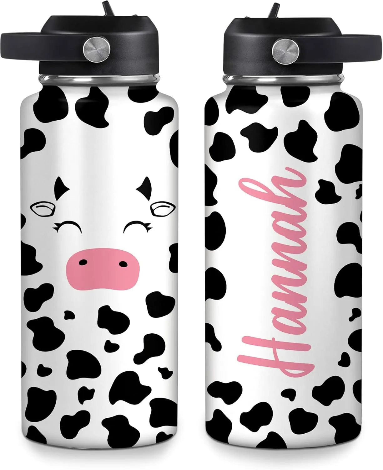 Hyturtle Personalized Cow Water Bottle - Insulated Stainless Steel Bottle with Leak-Proof Lid 18oz 32oz - Cow Print Gift for Women, Girls, Cow Lover Animal Lovers - Birthday & Christmas Gift