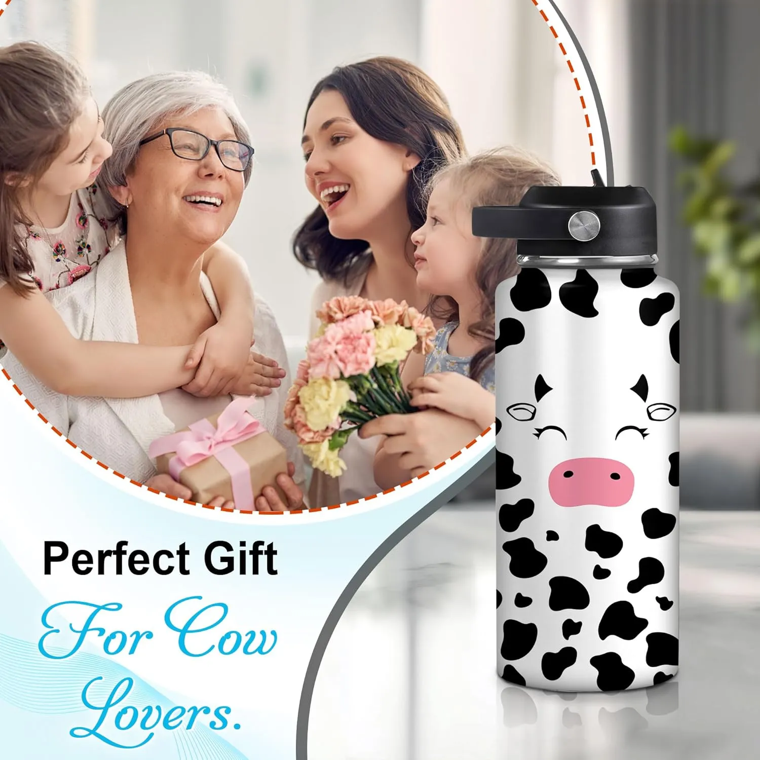 Hyturtle Personalized Cow Water Bottle - Insulated Stainless Steel Bottle with Leak-Proof Lid 18oz 32oz - Cow Print Gift for Women, Girls, Cow Lover Animal Lovers - Birthday & Christmas Gift