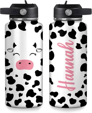 Hyturtle Personalized Cow Water Bottle - Insulated Stainless Steel Bottle with Leak-Proof Lid 18oz 32oz - Cow Print Gift for Women, Girls, Cow Lover Animal Lovers - Birthday & Christmas Gift