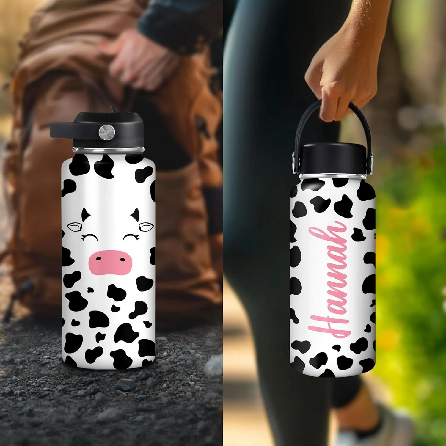 Hyturtle Personalized Cow Water Bottle - Insulated Stainless Steel Bottle with Leak-Proof Lid 18oz 32oz - Cow Print Gift for Women, Girls, Cow Lover Animal Lovers - Birthday & Christmas Gift