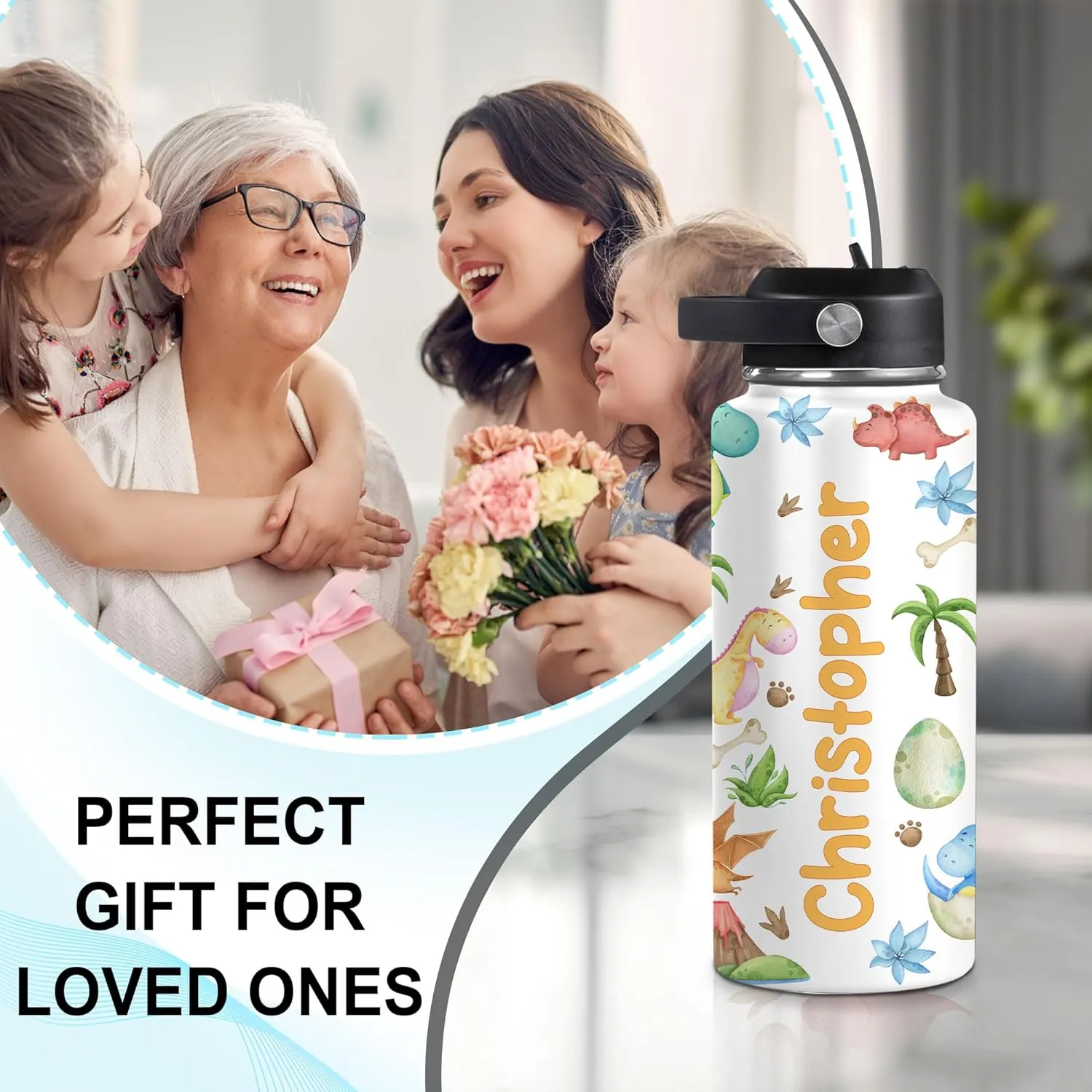 Hyturtle Personalized Dinosaur Water Bottle, Customized Name Dino Stainless Steel Insulated Sports Bottles Drinking Cups For Kids Toddler Boys Girls Back To School Cup With Lid 12oz 18oz 32oz