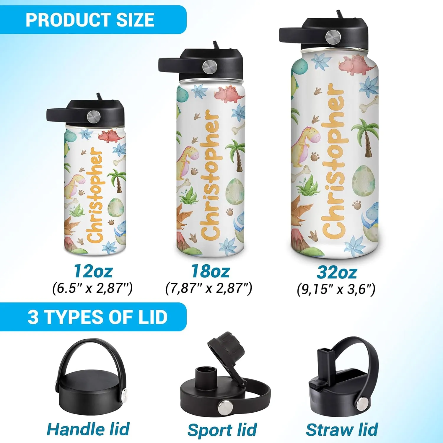 Hyturtle Personalized Dinosaur Water Bottle, Customized Name Dino Stainless Steel Insulated Sports Bottles Drinking Cups For Kids Toddler Boys Girls Back To School Cup With Lid 12oz 18oz 32oz
