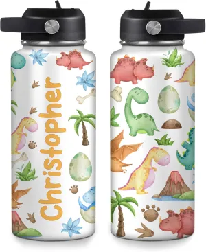 Hyturtle Personalized Dinosaur Water Bottle, Customized Name Dino Stainless Steel Insulated Sports Bottles Drinking Cups For Kids Toddler Boys Girls Back To School Cup With Lid 12oz 18oz 32oz