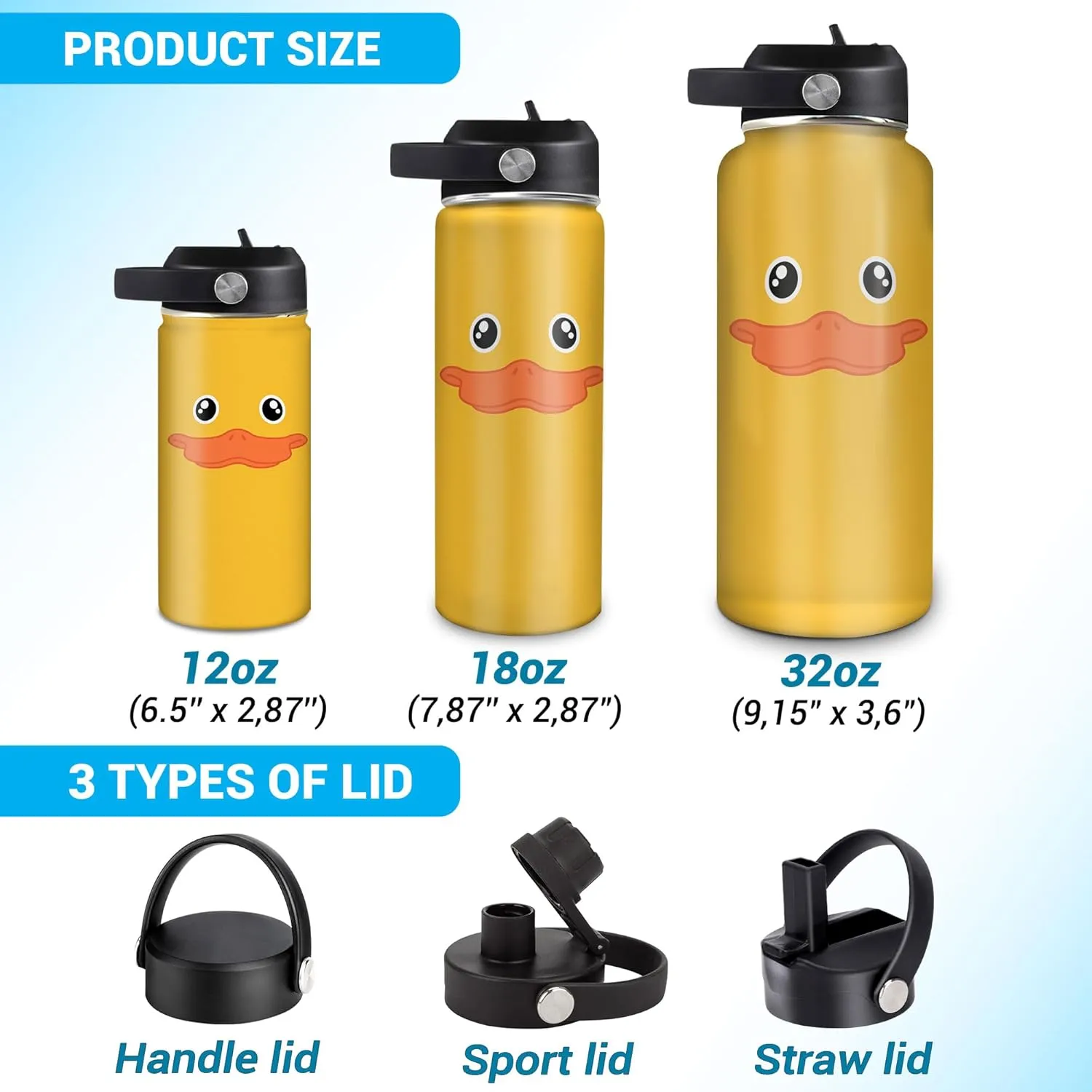Hyturtle Personalized Duck Water Bottle - Insulated Stainless Steel Bottle with Leak-Proof Lid 18oz 32oz - Cute Animal Gift for Duck Lovers, Women, Girls - Birthday & Christmas Gift