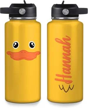 Hyturtle Personalized Duck Water Bottle - Insulated Stainless Steel Bottle with Leak-Proof Lid 18oz 32oz - Cute Animal Gift for Duck Lovers, Women, Girls - Birthday & Christmas Gift