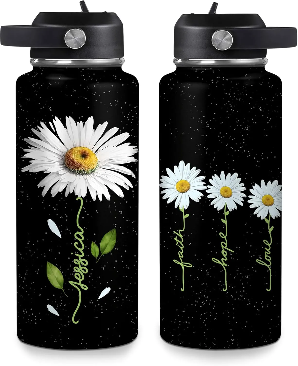 Hyturtle Personalized Gifts For Daisy Flower Lover - White Daisy Flower Print Custom Name Stainless Steel Water Bottle 12oz 18oz 32oz Stainless Steel Bottle With Straw Lid - Gifts For Her Women Girl