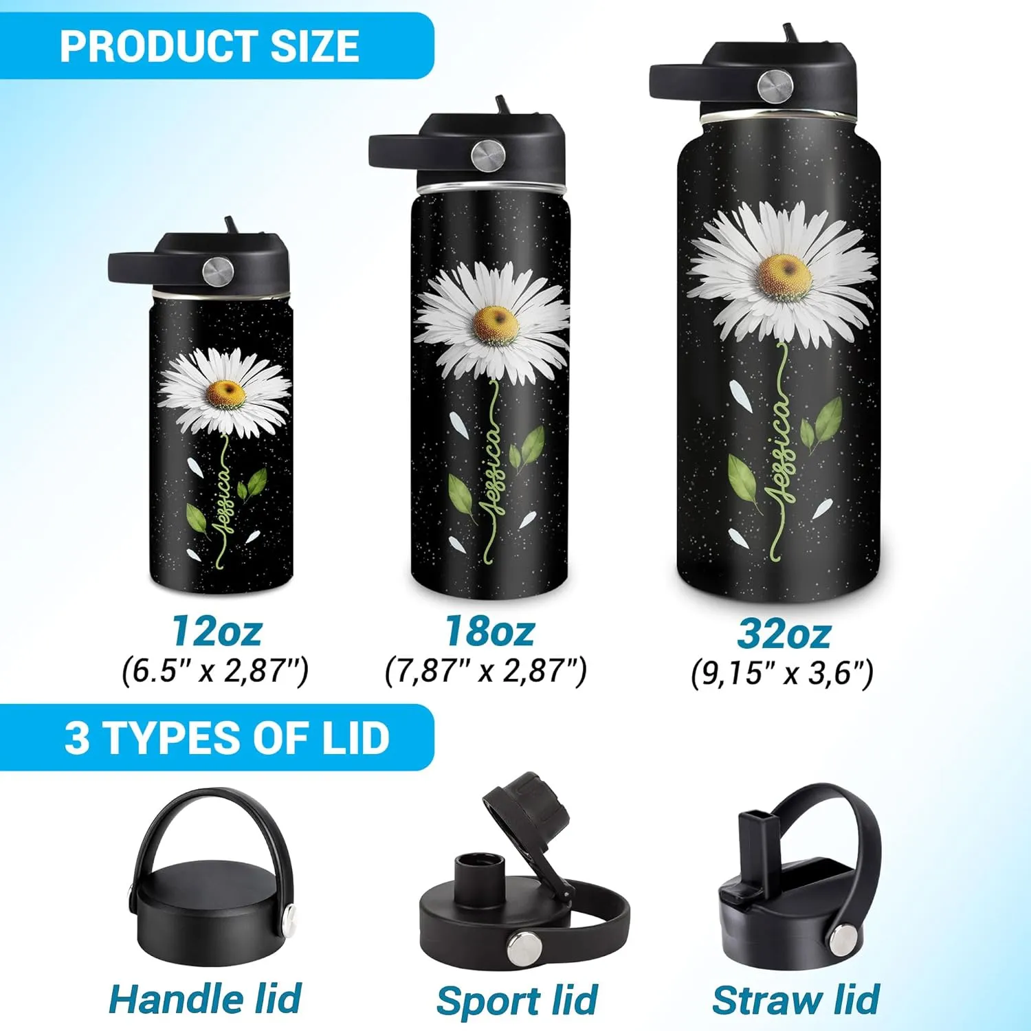 Hyturtle Personalized Gifts For Daisy Flower Lover - White Daisy Flower Print Custom Name Stainless Steel Water Bottle 12oz 18oz 32oz Stainless Steel Bottle With Straw Lid - Gifts For Her Women Girl
