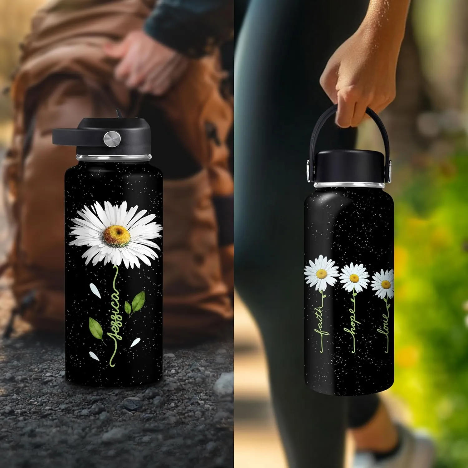 Hyturtle Personalized Gifts For Daisy Flower Lover - White Daisy Flower Print Custom Name Stainless Steel Water Bottle 12oz 18oz 32oz Stainless Steel Bottle With Straw Lid - Gifts For Her Women Girl
