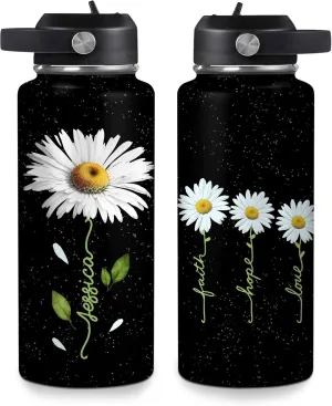 Hyturtle Personalized Gifts For Daisy Flower Lover - White Daisy Flower Print Custom Name Stainless Steel Water Bottle 12oz 18oz 32oz Stainless Steel Bottle With Straw Lid - Gifts For Her Women Girl