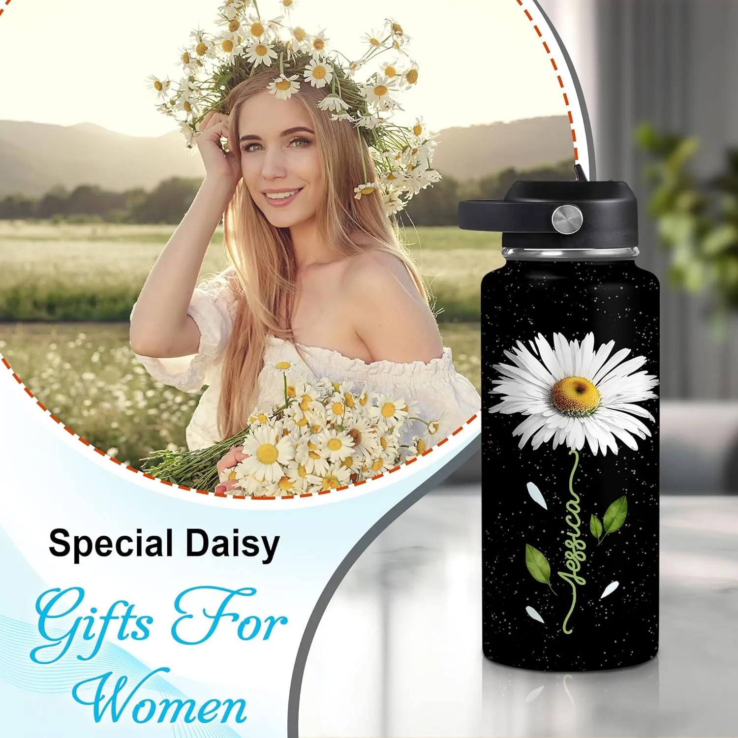 Hyturtle Personalized Gifts For Daisy Flower Lover - White Daisy Flower Print Custom Name Stainless Steel Water Bottle 12oz 18oz 32oz Stainless Steel Bottle With Straw Lid - Gifts For Her Women Girl