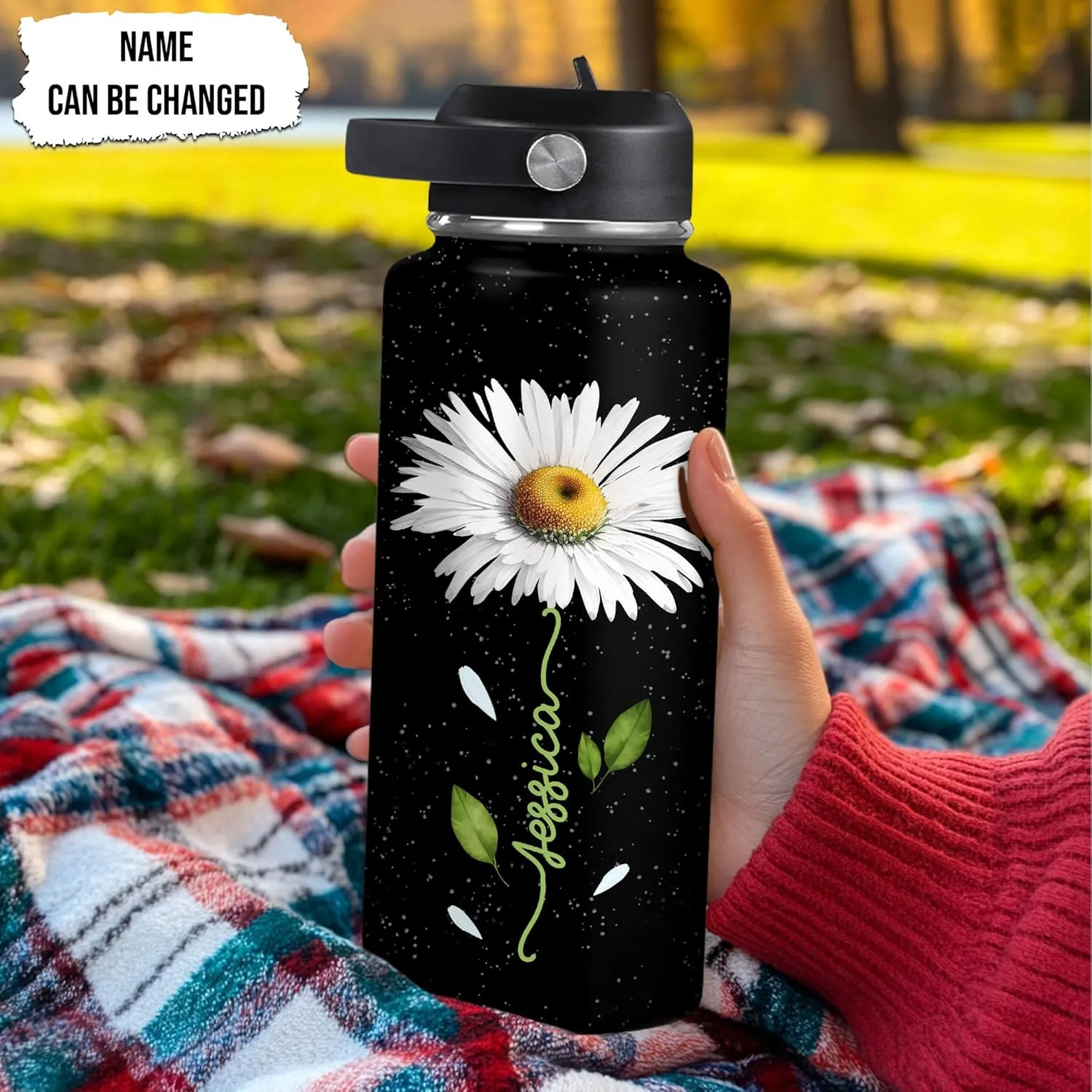 Hyturtle Personalized Gifts For Daisy Flower Lover - White Daisy Flower Print Custom Name Stainless Steel Water Bottle 12oz 18oz 32oz Stainless Steel Bottle With Straw Lid - Gifts For Her Women Girl