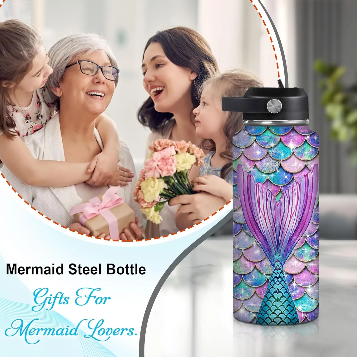 Hyturtle Personalized Mermaid Water Bottle - Custom Name Insulated Stainless Steel Bottle with Leak-Proof Lid 18oz 32oz - Gift for Women Girls Mermaid Lovers - Birthday & Christmas Gift
