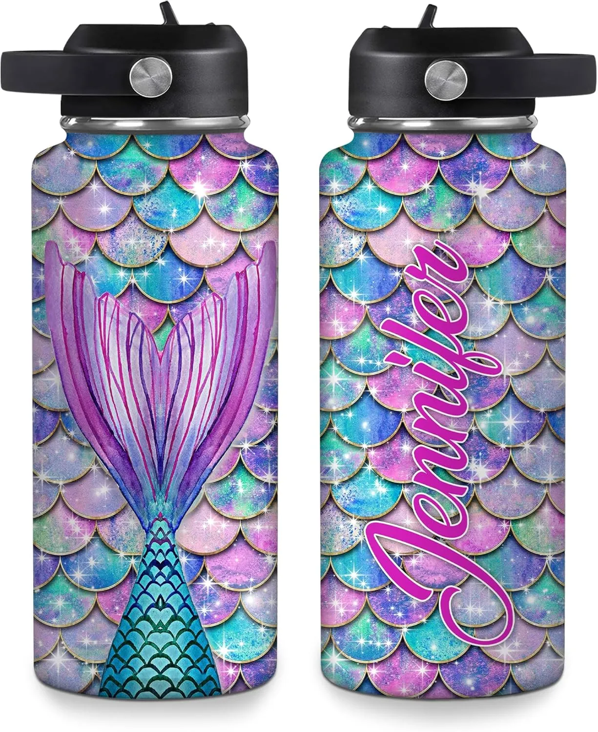 Hyturtle Personalized Mermaid Water Bottle - Custom Name Insulated Stainless Steel Bottle with Leak-Proof Lid 18oz 32oz - Gift for Women Girls Mermaid Lovers - Birthday & Christmas Gift