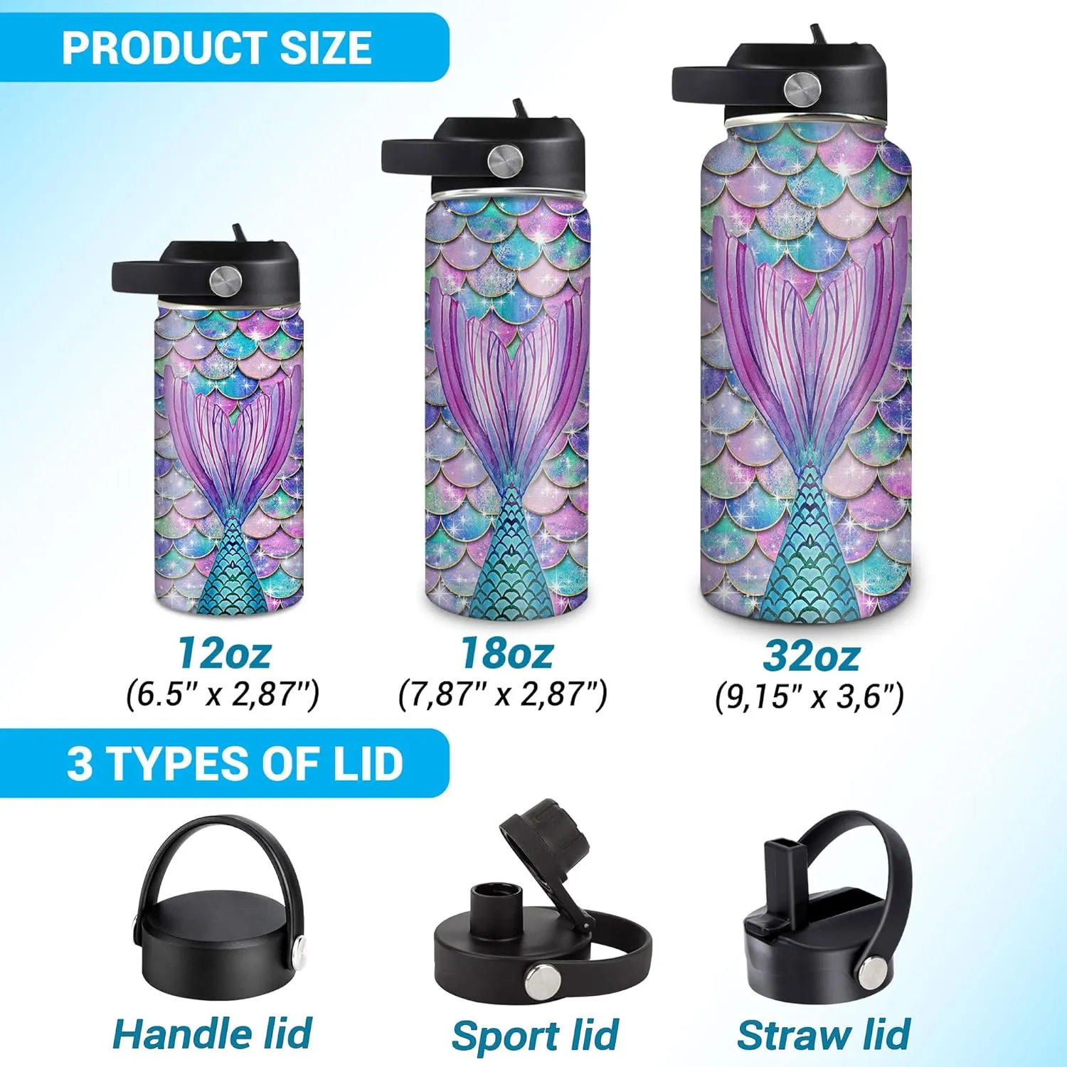 Hyturtle Personalized Mermaid Water Bottle - Custom Name Insulated Stainless Steel Bottle with Leak-Proof Lid 18oz 32oz - Gift for Women Girls Mermaid Lovers - Birthday & Christmas Gift