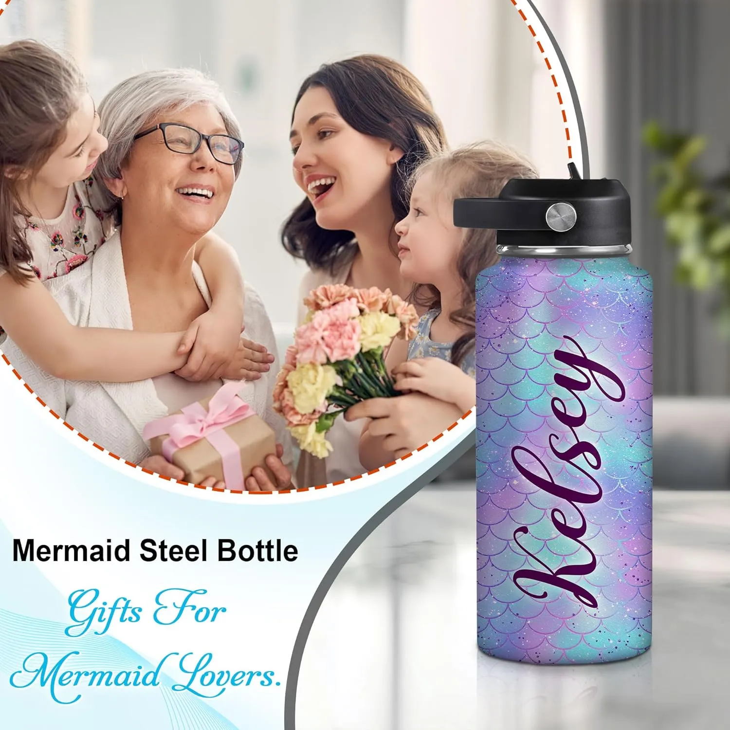 Hyturtle Personalized Mermaid Water Bottle - Custom Name Insulated Stainless Steel Bottle with Leak-Proof Lid 18oz 32oz - Mermaid Gift for Women Girls Lovers - Birthday & Christmas Gift