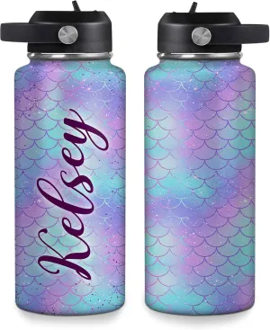 Hyturtle Personalized Mermaid Water Bottle - Custom Name Insulated Stainless Steel Bottle with Leak-Proof Lid 18oz 32oz - Mermaid Gift for Women Girls Lovers - Birthday & Christmas Gift