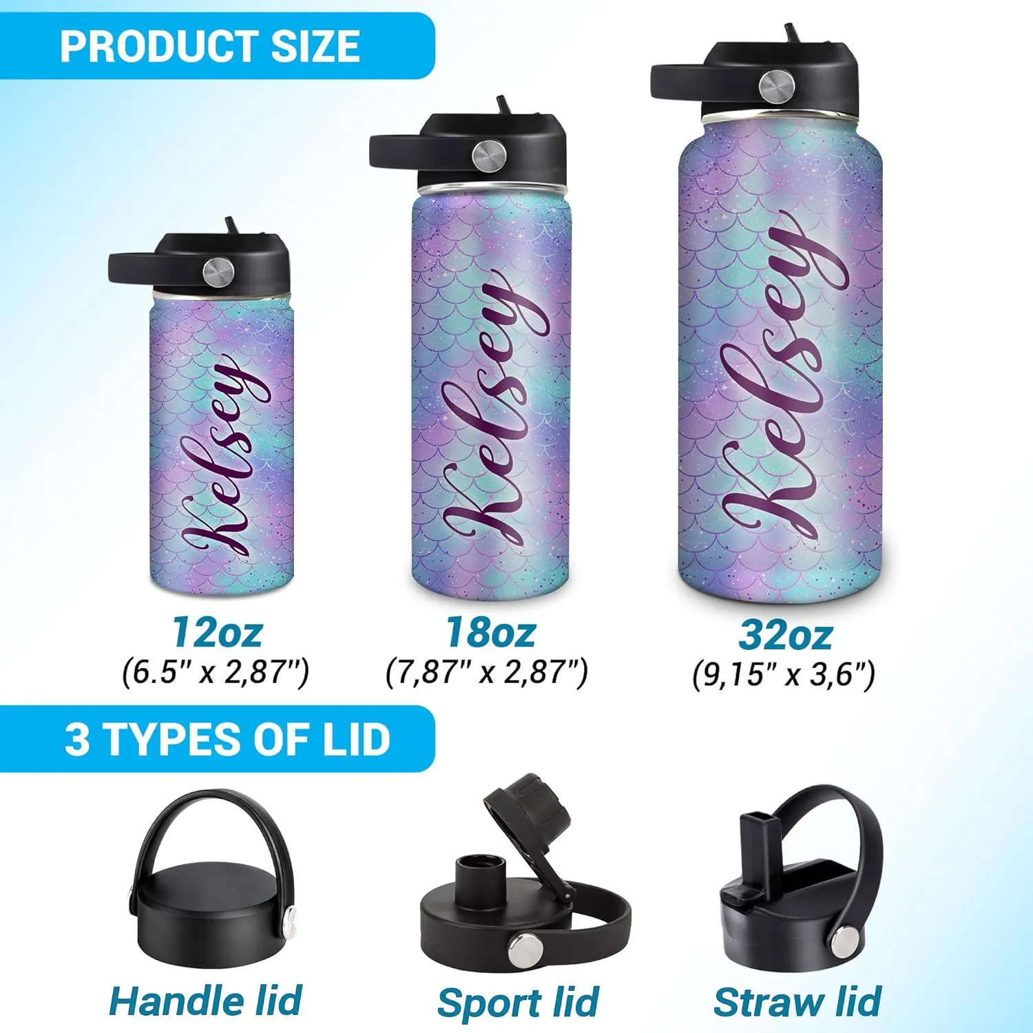 Hyturtle Personalized Mermaid Water Bottle - Custom Name Insulated Stainless Steel Bottle with Leak-Proof Lid 18oz 32oz - Mermaid Gift for Women Girls Lovers - Birthday & Christmas Gift