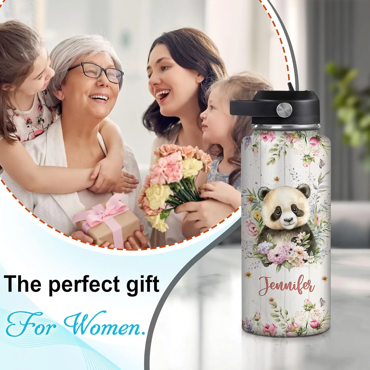 Hyturtle Personalized Panda Water Bottle - Insulated Stainless Steel Bottle with Leak-Proof Lid 18oz 32oz - Floral Panda Gift for Women, Girls, Panda Lovers, Animal Lovers - Birthday & Christmas Gift