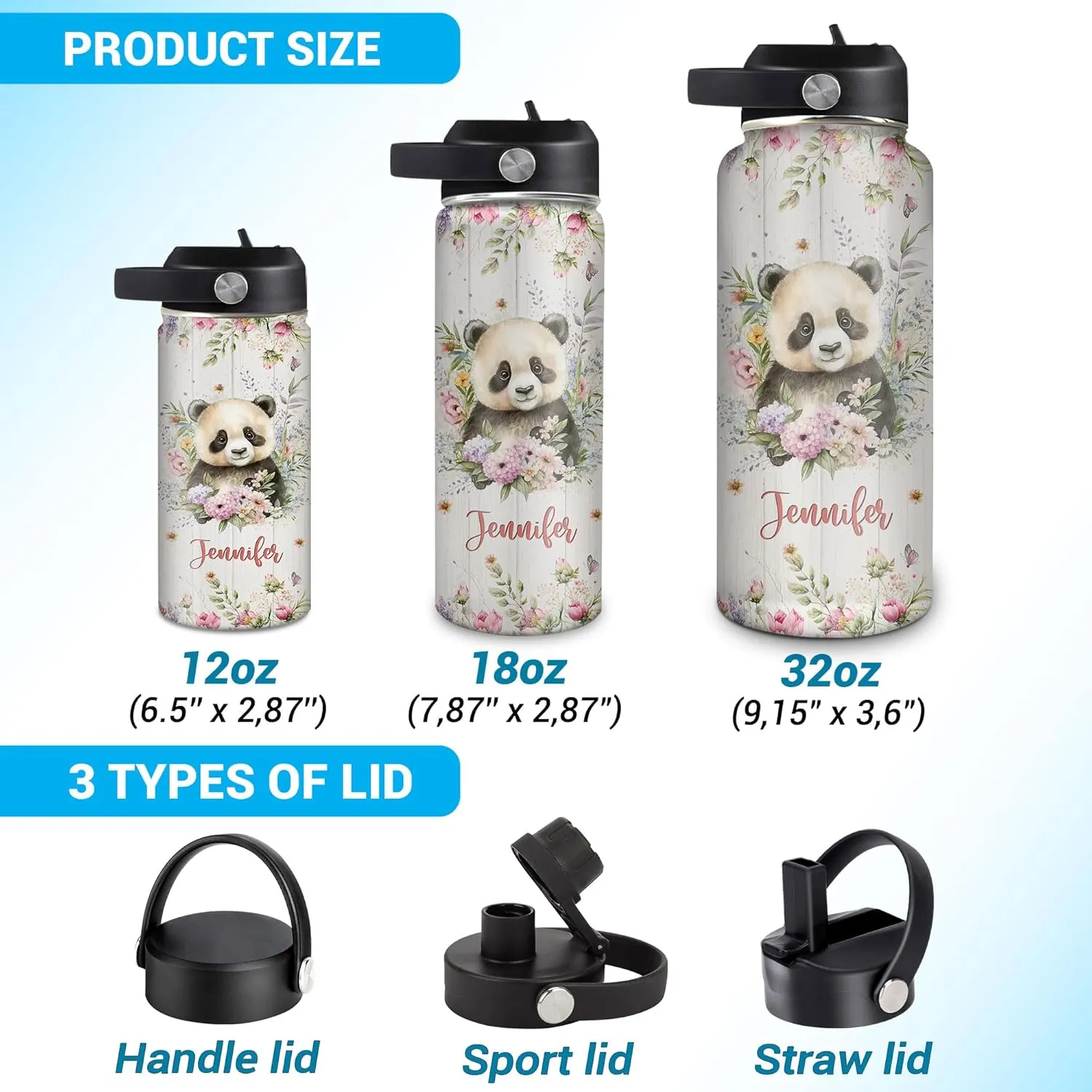 Hyturtle Personalized Panda Water Bottle - Insulated Stainless Steel Bottle with Leak-Proof Lid 18oz 32oz - Floral Panda Gift for Women, Girls, Panda Lovers, Animal Lovers - Birthday & Christmas Gift