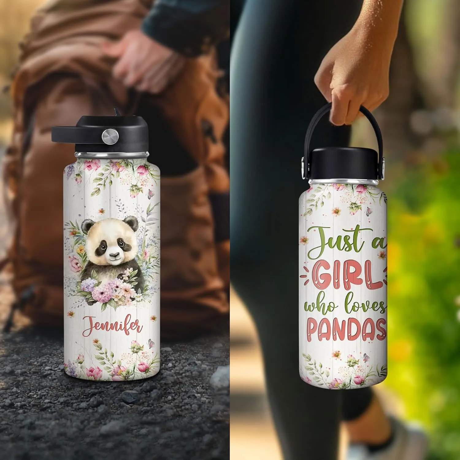 Hyturtle Personalized Panda Water Bottle - Insulated Stainless Steel Bottle with Leak-Proof Lid 18oz 32oz - Floral Panda Gift for Women, Girls, Panda Lovers, Animal Lovers - Birthday & Christmas Gift