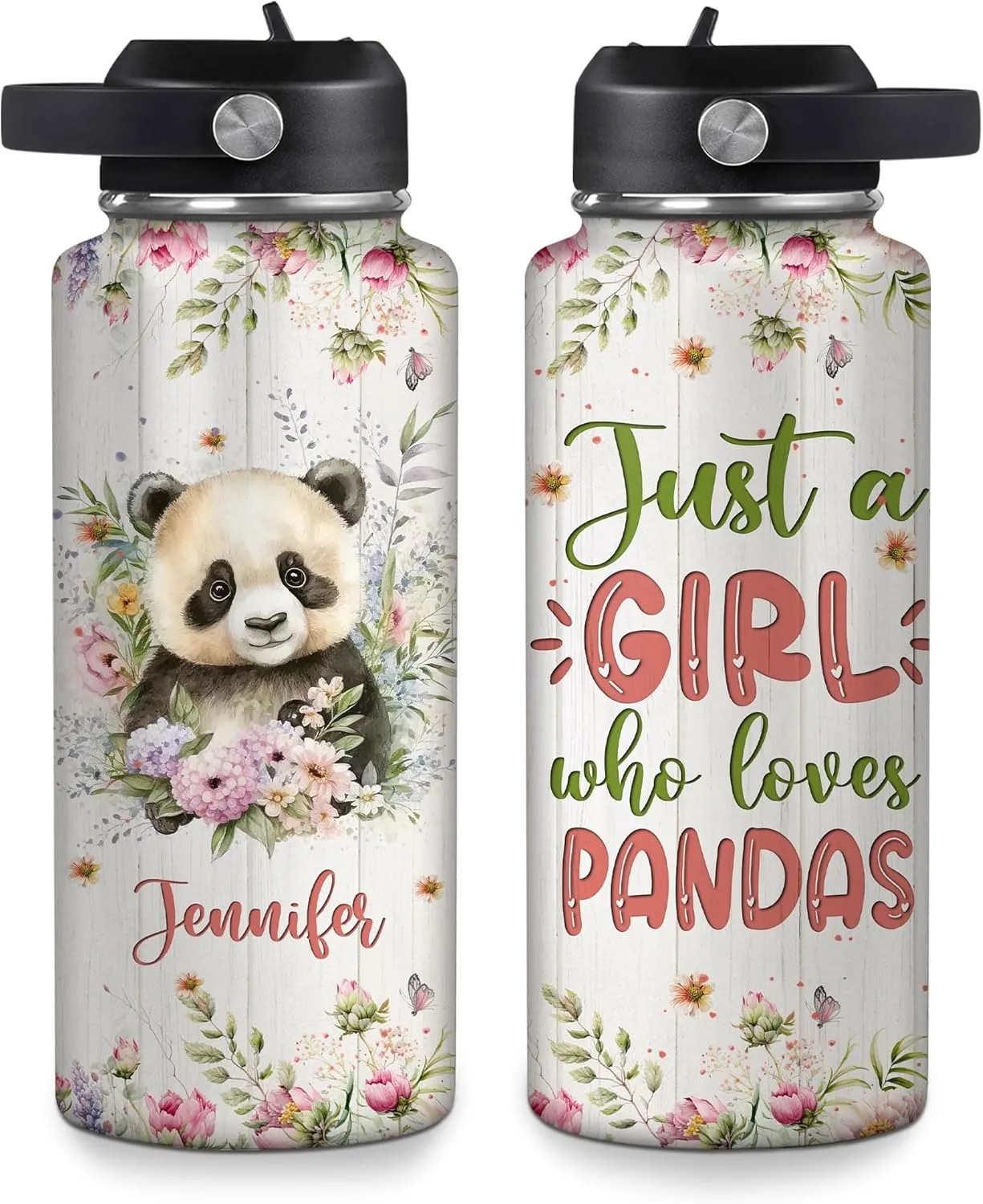 Hyturtle Personalized Panda Water Bottle - Insulated Stainless Steel Bottle with Leak-Proof Lid 18oz 32oz - Floral Panda Gift for Women, Girls, Panda Lovers, Animal Lovers - Birthday & Christmas Gift