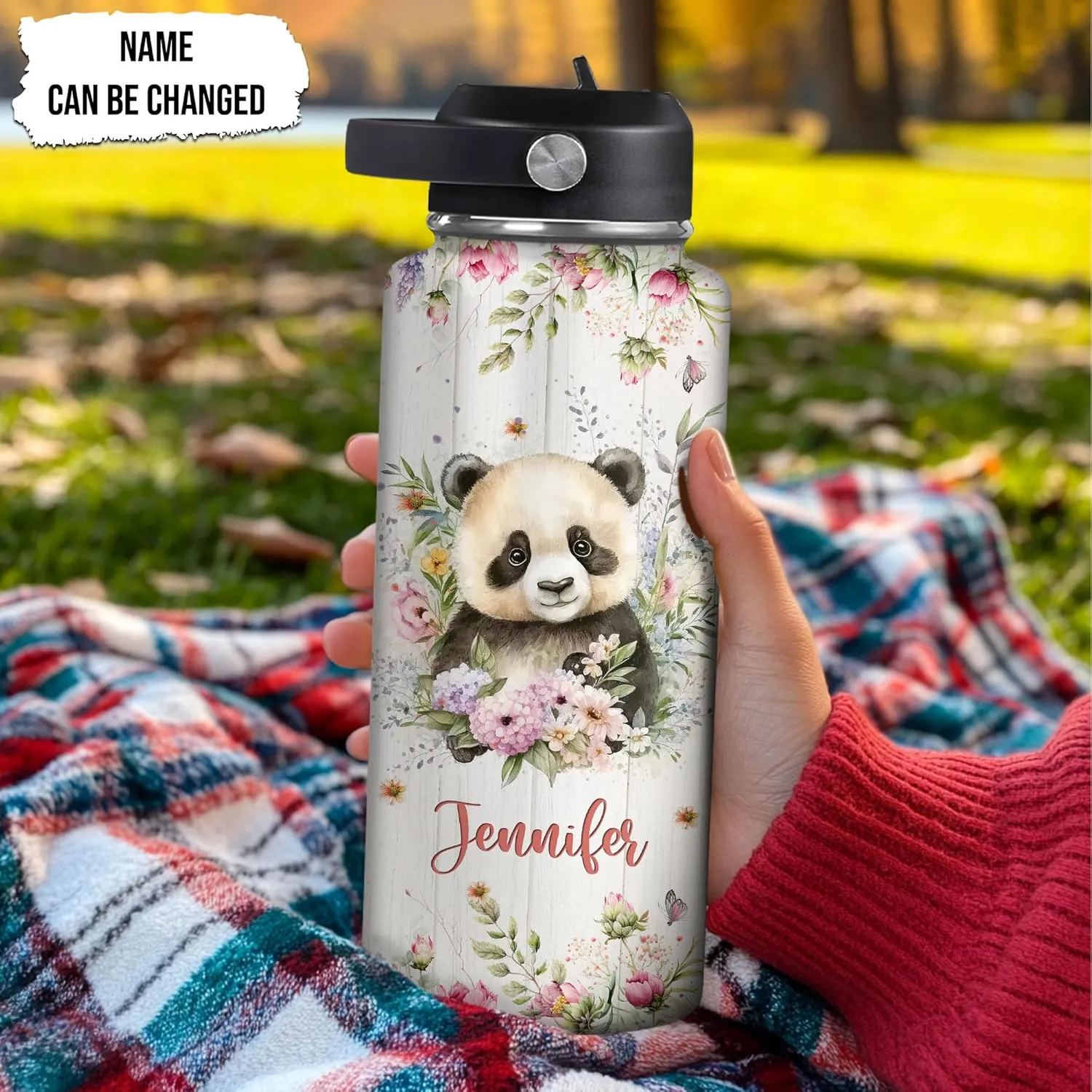 Hyturtle Personalized Panda Water Bottle - Insulated Stainless Steel Bottle with Leak-Proof Lid 18oz 32oz - Floral Panda Gift for Women, Girls, Panda Lovers, Animal Lovers - Birthday & Christmas Gift
