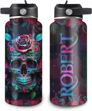Hyturtle Personalized Skull Water Bottle - Travel Insulated Stainless Steel Bottle with Leak-Proof Lid 18oz 32oz - Fire Skull Gift for Women Girls Skull Lovers - Birthday & Christmas Gift