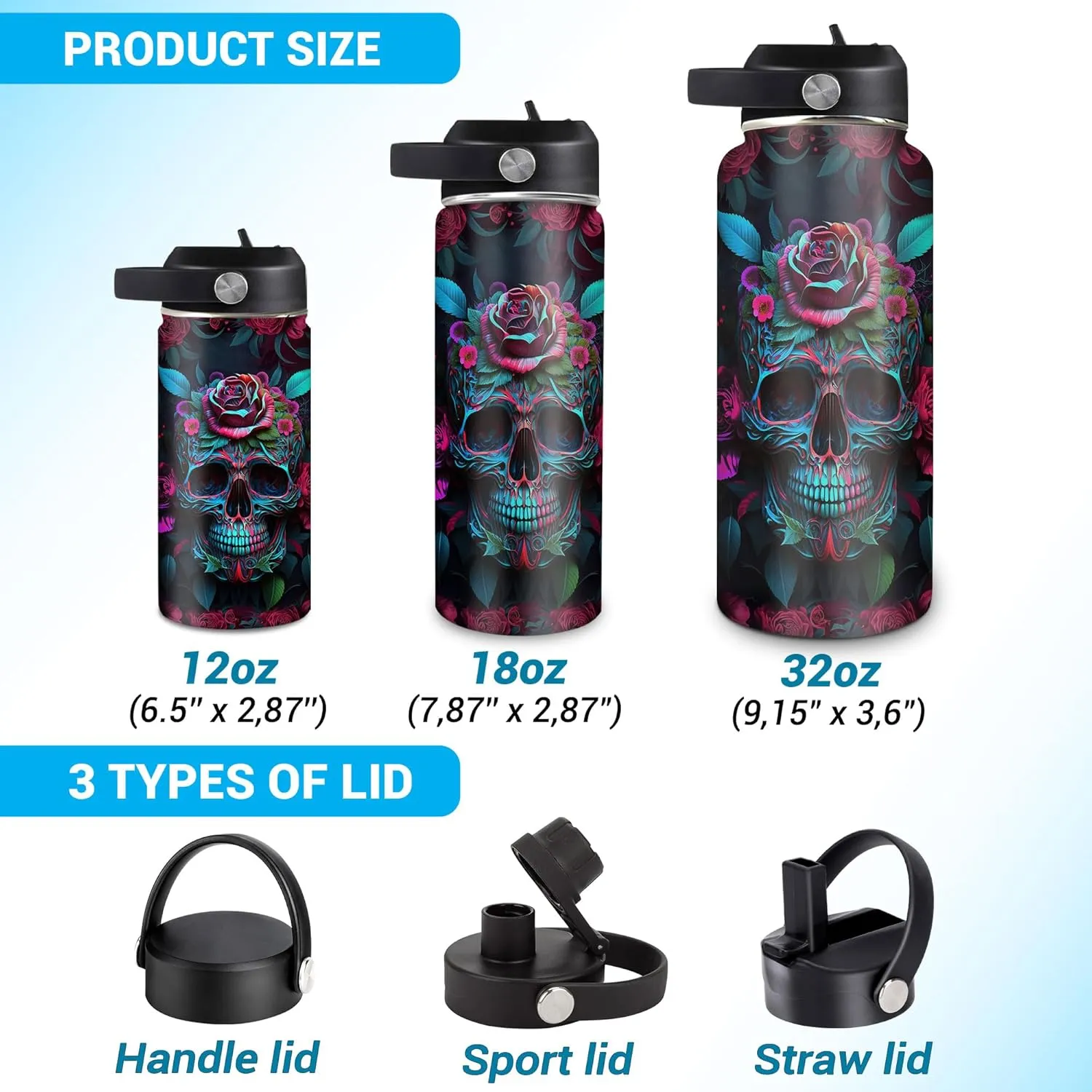 Hyturtle Personalized Skull Water Bottle - Travel Insulated Stainless Steel Bottle with Leak-Proof Lid 18oz 32oz - Fire Skull Gift for Women Girls Skull Lovers - Birthday & Christmas Gift