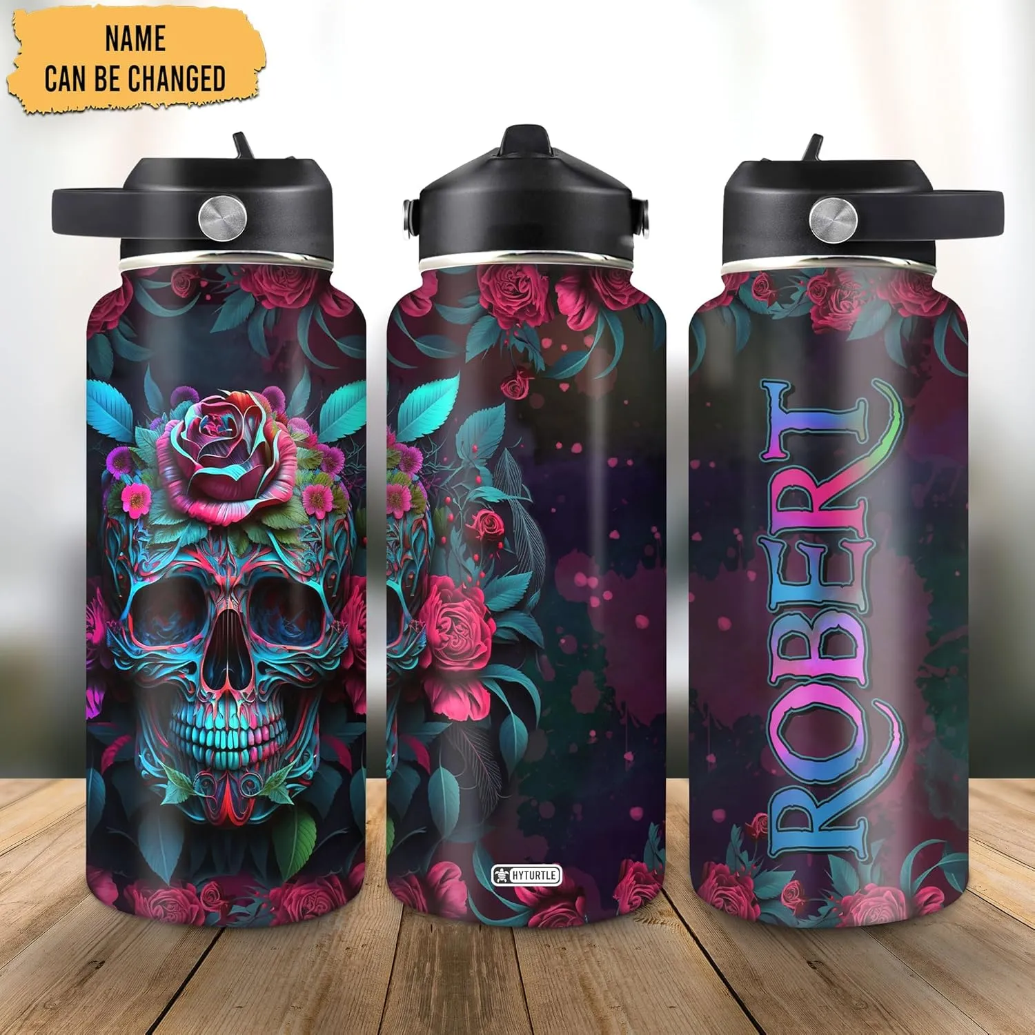 Hyturtle Personalized Skull Water Bottle - Travel Insulated Stainless Steel Bottle with Leak-Proof Lid 18oz 32oz - Fire Skull Gift for Women Girls Skull Lovers - Birthday & Christmas Gift