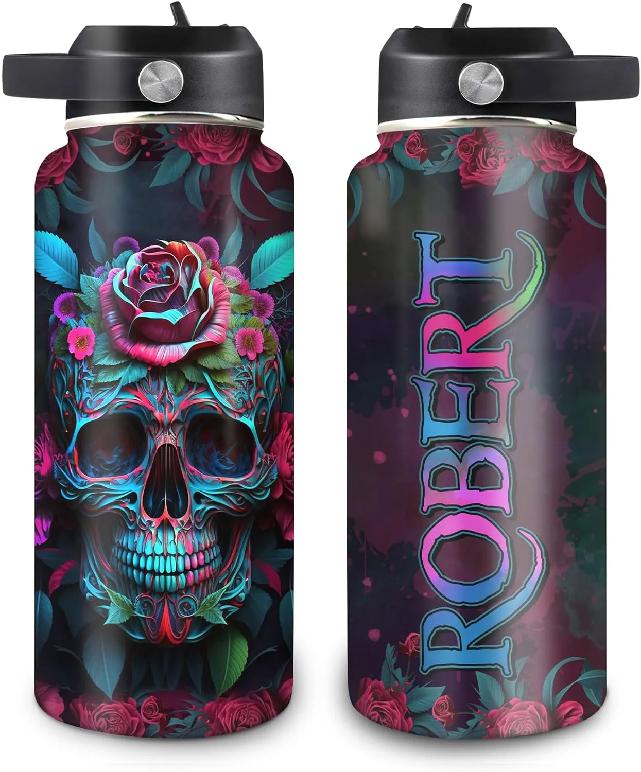 Hyturtle Personalized Skull Water Bottle - Travel Insulated Stainless Steel Bottle with Leak-Proof Lid 18oz 32oz - Fire Skull Gift for Women Girls Skull Lovers - Birthday & Christmas Gift
