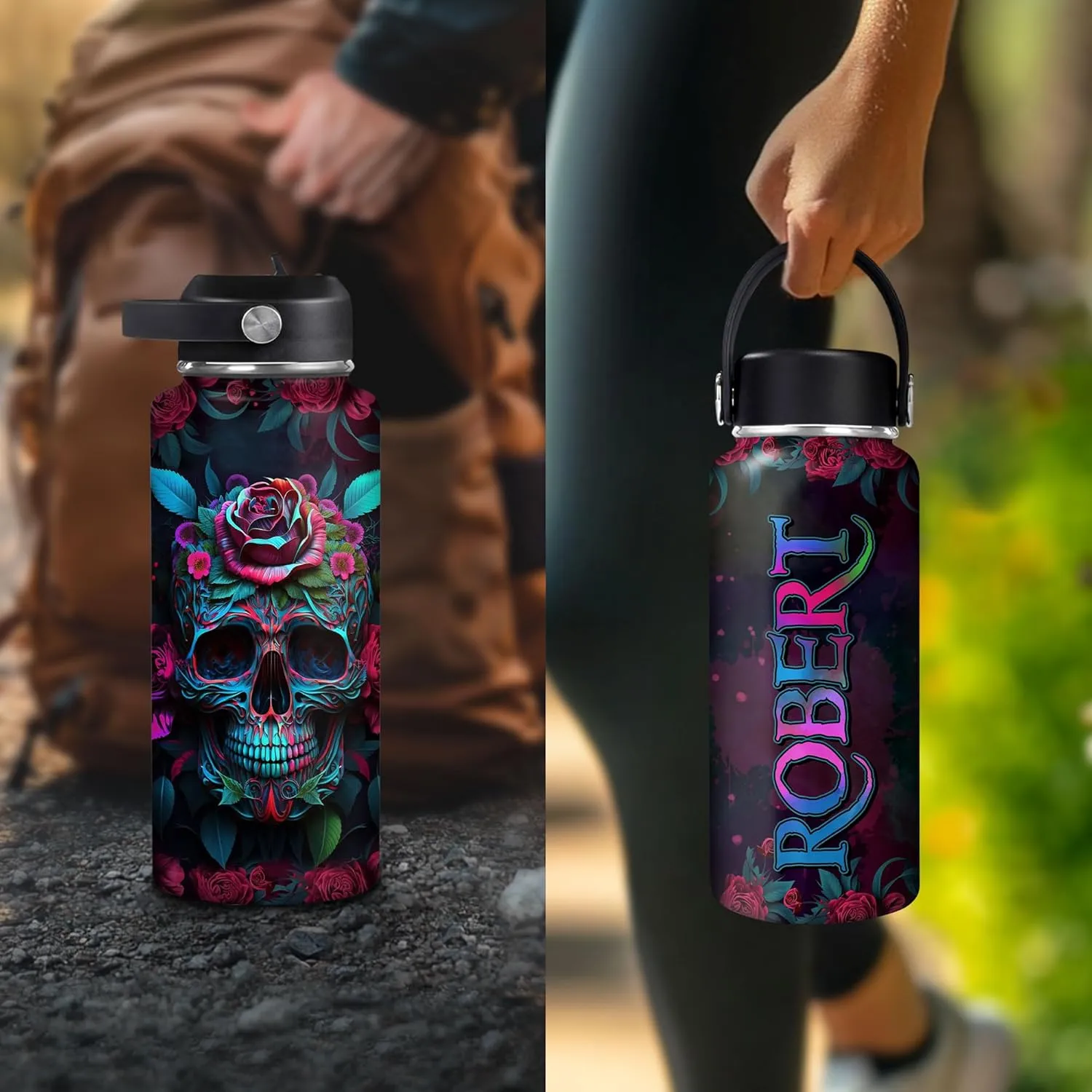 Hyturtle Personalized Skull Water Bottle - Travel Insulated Stainless Steel Bottle with Leak-Proof Lid 18oz 32oz - Fire Skull Gift for Women Girls Skull Lovers - Birthday & Christmas Gift