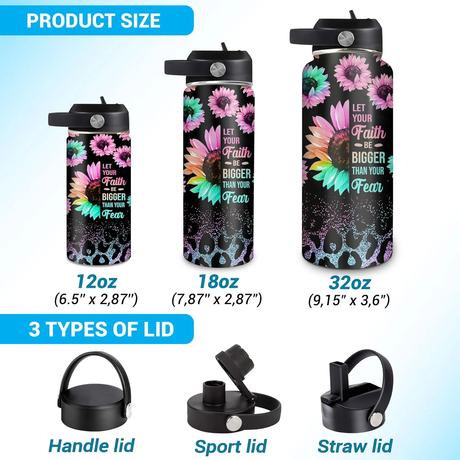 Hyturtle Personalized Sunflower Water Bottle - Travel Insulated Stainless Steel Bottle with Leak-Proof Lid 18oz 32oz - Sunflower Gift for Women, Girls, Sunflower Lovers - Birthday & Christmas Gift
