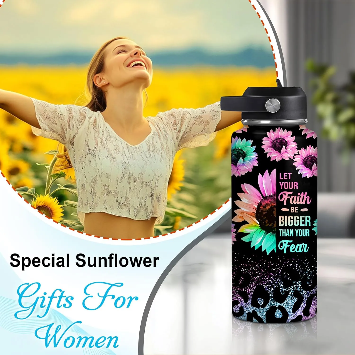 Hyturtle Personalized Sunflower Water Bottle - Travel Insulated Stainless Steel Bottle with Leak-Proof Lid 18oz 32oz - Sunflower Gift for Women, Girls, Sunflower Lovers - Birthday & Christmas Gift