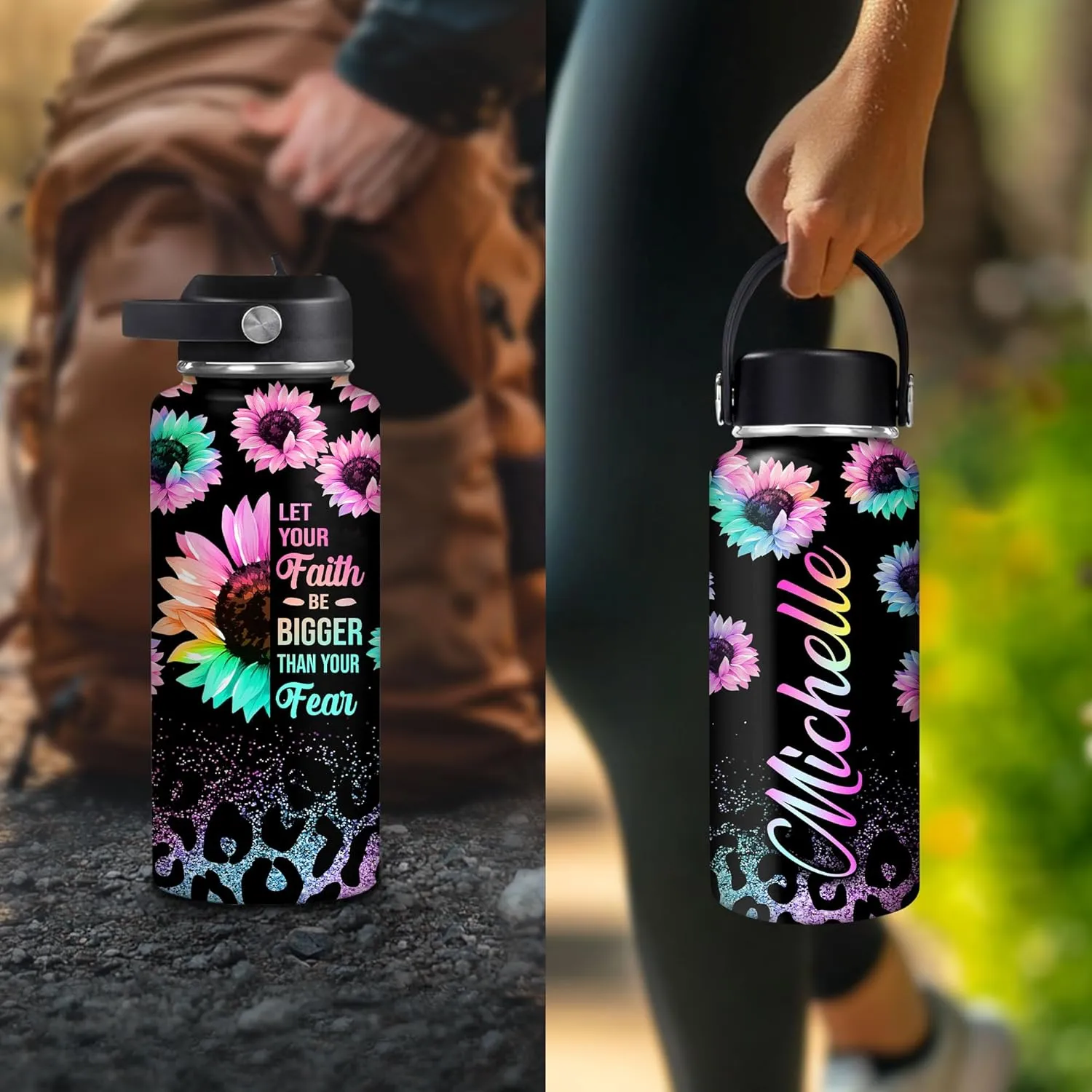 Hyturtle Personalized Sunflower Water Bottle - Travel Insulated Stainless Steel Bottle with Leak-Proof Lid 18oz 32oz - Sunflower Gift for Women, Girls, Sunflower Lovers - Birthday & Christmas Gift
