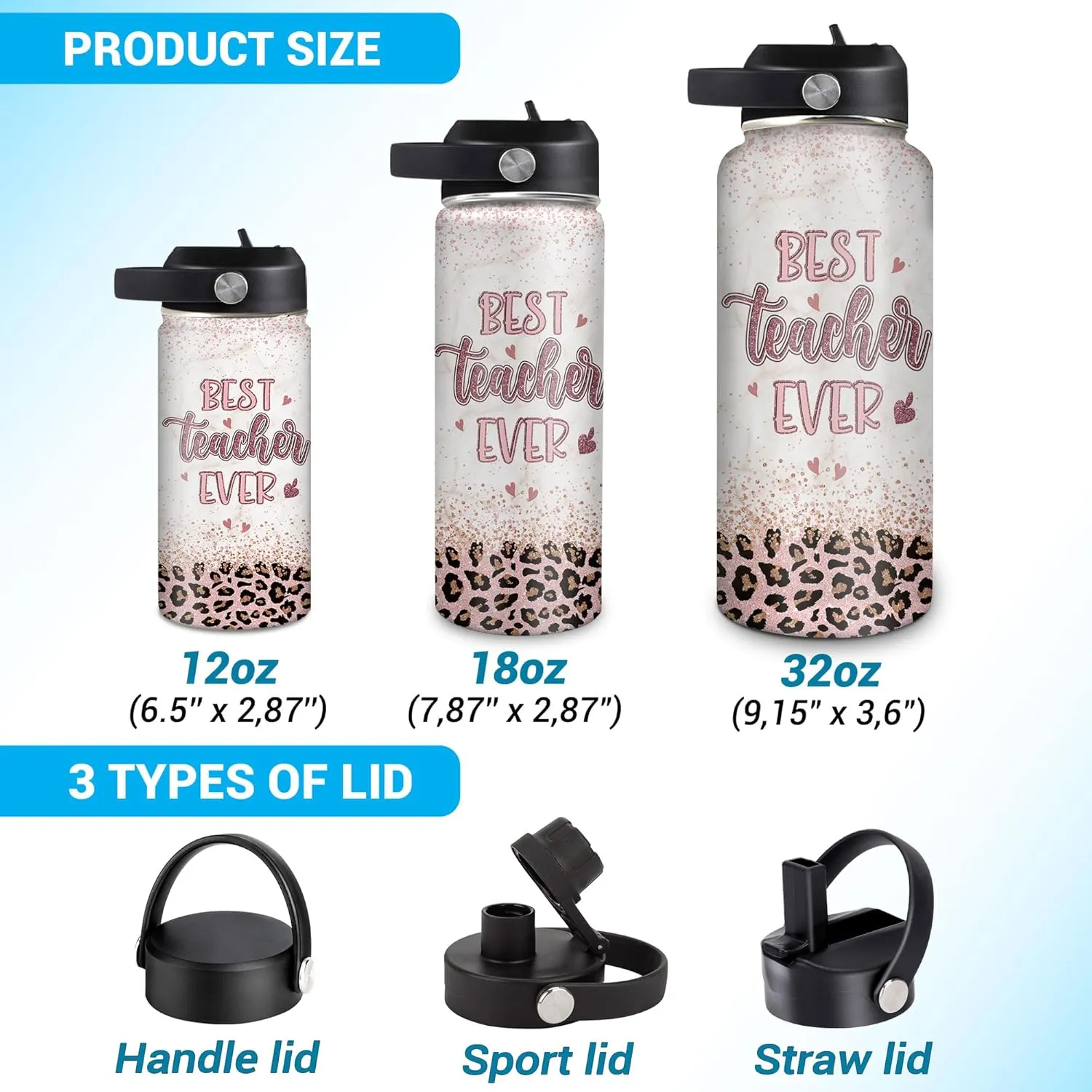 Hyturtle Personalized Teacher Water Bottle - Custom Name Insulated Stainless Steel Bottle with LeakProof Lid 18oz 32oz - Best Teacher Ever Appreciation Gift from Students for Birthday Back to School