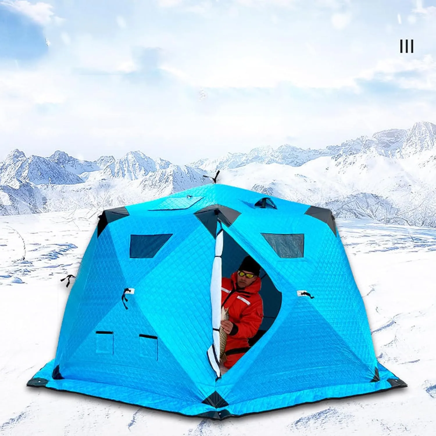 Ice Fishing Tent Rain Cover for Hexagonal,Pop-Up Insulated Ice Fishing Shelter with Stove Jack,2 Doors 4 Windows Thickened Cotton Winter Ice House Thermal Cover