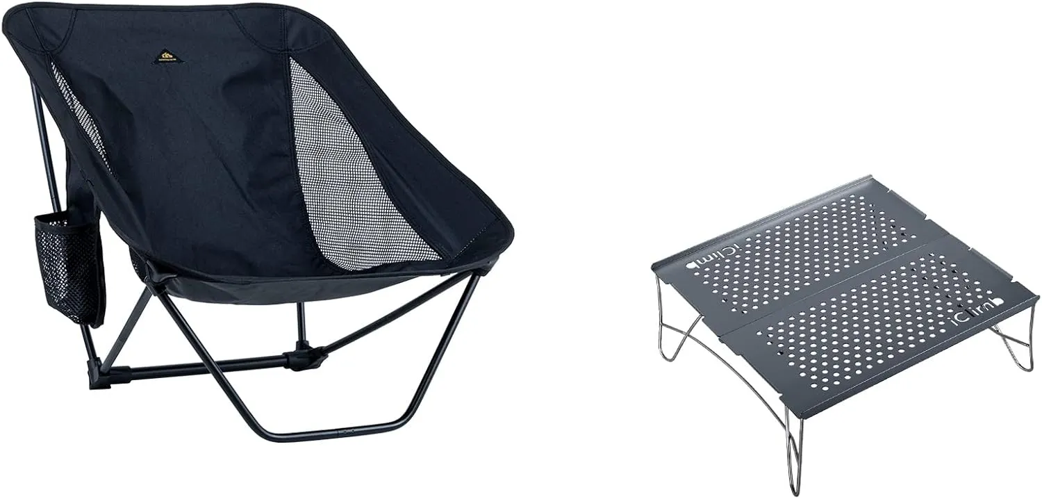 iClimb 1 Solo Mini Folding Table and 1 Low Folding Chair Bundle, Ultralight Compact for Solo Person Outdoor Backpacking Camping Hiking Beach Concert