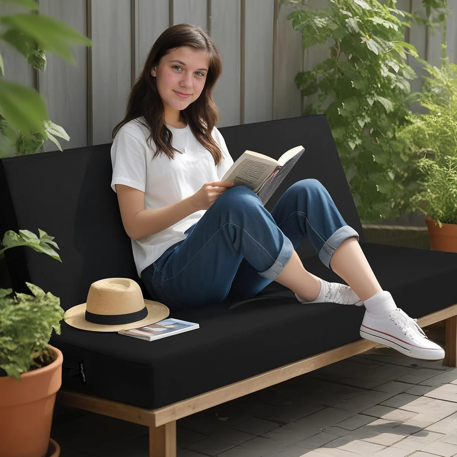 idee-home Outdoor Bench Cushion Waterproof, Bench Cushions for Outdoor Furniture, Patio Porch Swing Replacement Seat Pad with Ties for Garden Backyard, 48 x 18 Inch Black
