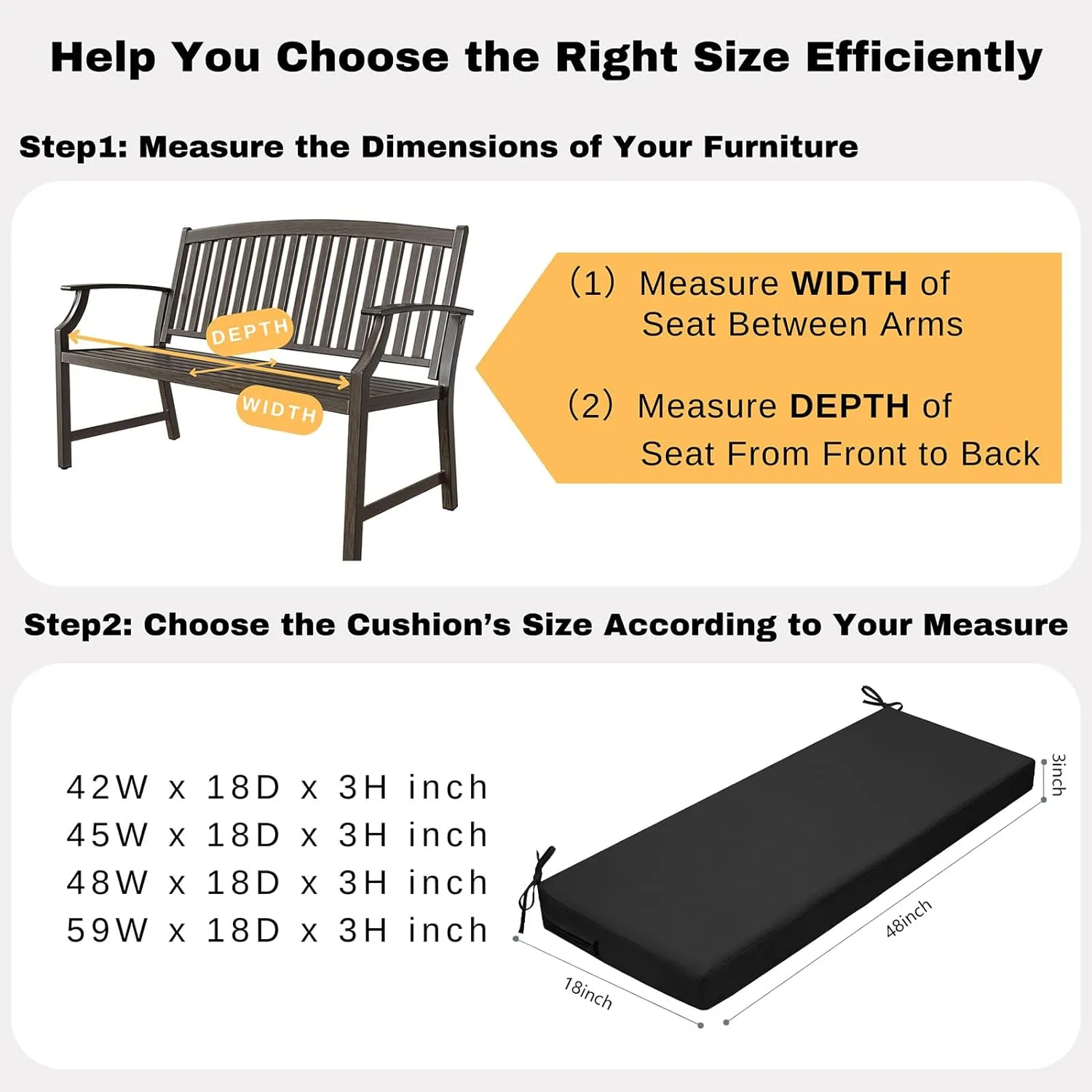 idee-home Outdoor Bench Cushion Waterproof, Bench Cushions for Outdoor Furniture, Patio Porch Swing Replacement Seat Pad with Ties for Garden Backyard, 48 x 18 Inch Black