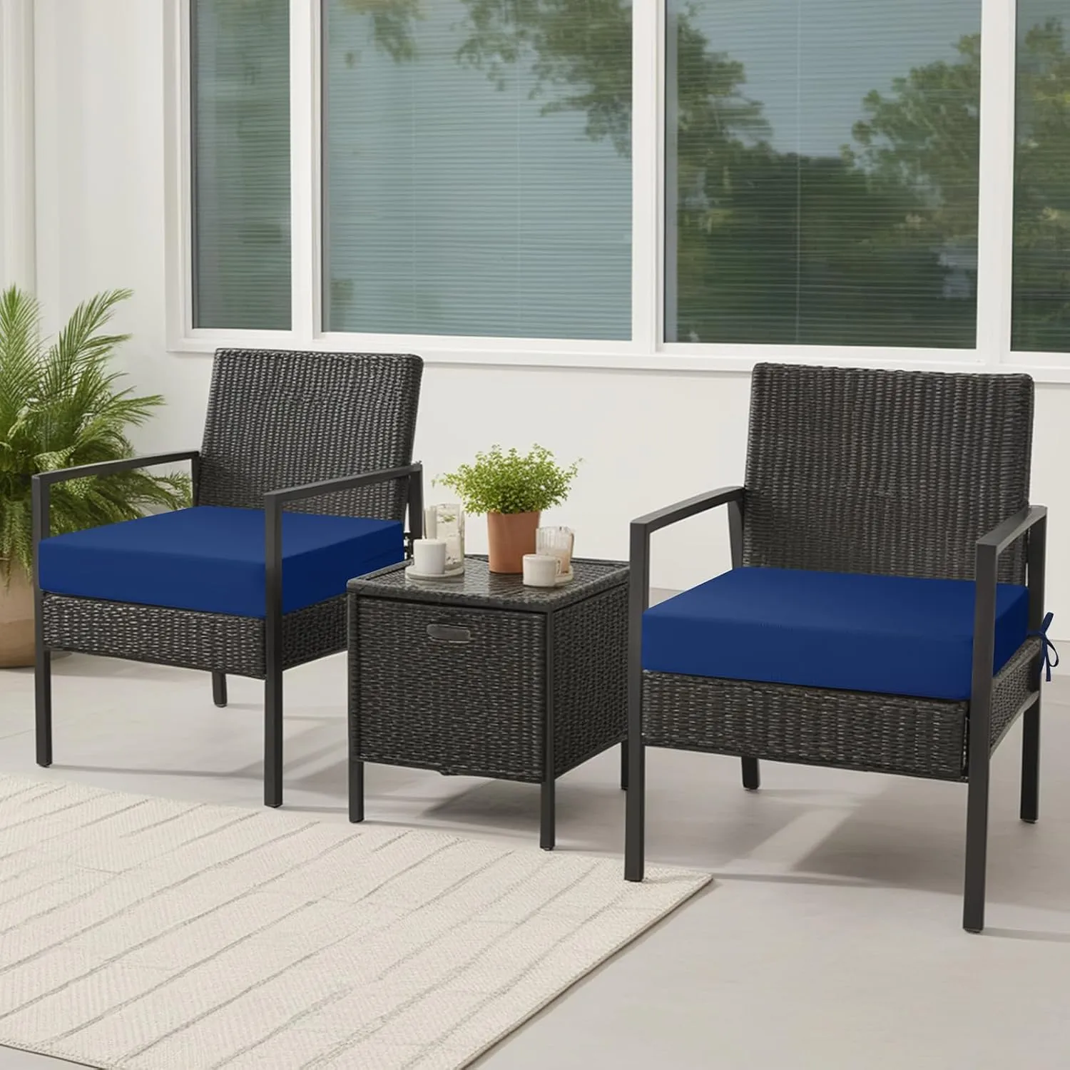 idee-home Outdoor Chair Cushions Set of 2, Waterproof Outdoor Seat Cushions for Patio Furniture, Outside Replacement Chair Pad with Ties for Lawn Deck Porch, 19 x 19 Navy Blue